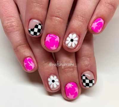 Short Pink, Black, and White Nails