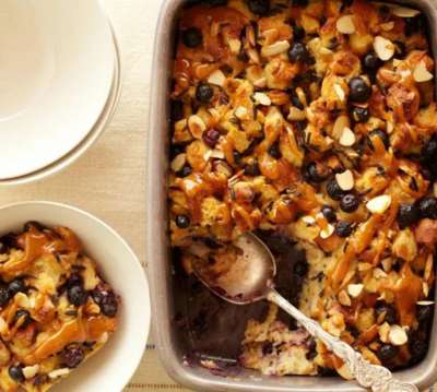 Blueberry Bread and Rice Pudding with Orange Caramel Sauce