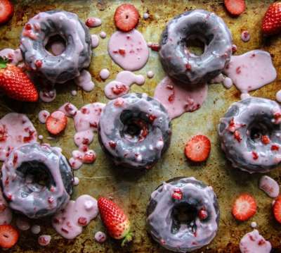 Chocolate Doughnuts with Strawberry Glaze