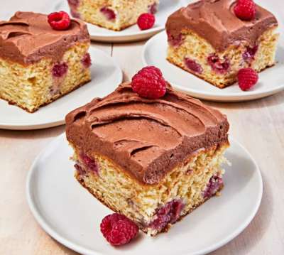 Raspberry Snack Cake with Salted Milk Chocolate Frosting