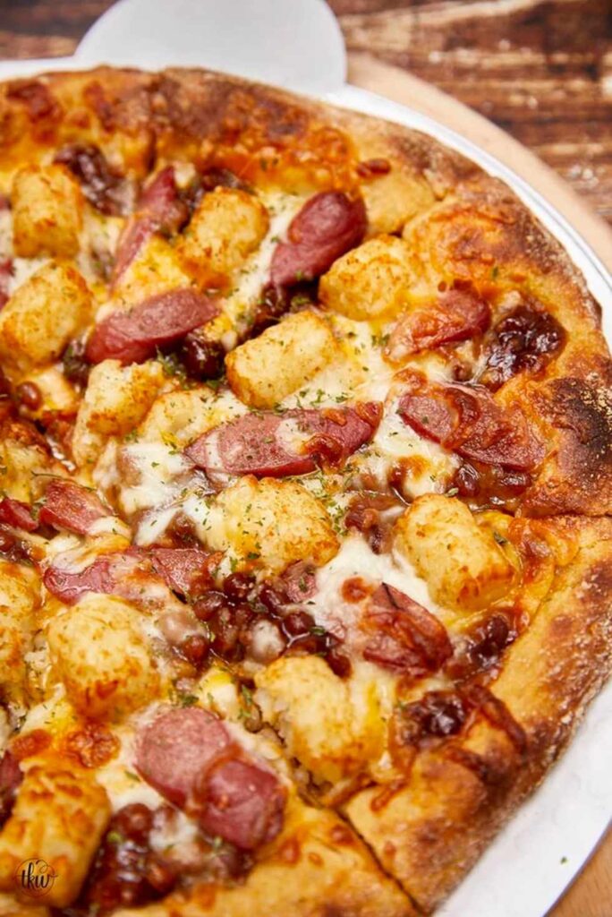 Campfire Cheesy Hot Dog & Baked Beans Pizza with Crispy Tots