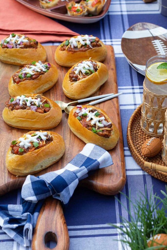 Mini Chili Football Bread Bowls-Game Day Appetizers and Dips for Football Parties