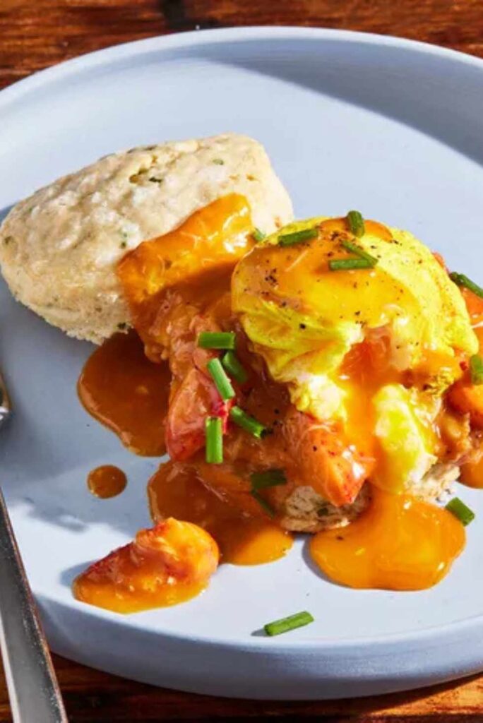 Turmeric-Poached Eggs with Chive Biscuits and Lobster Gravy