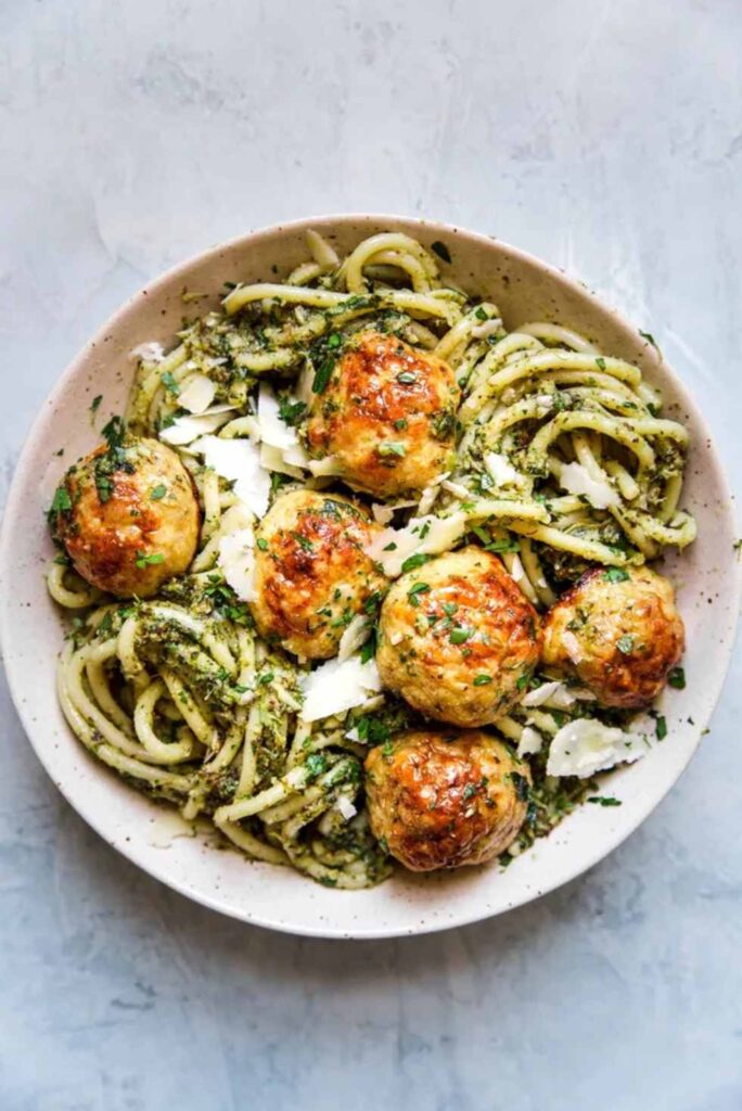 Baked Chicken Meatballs with Broccoli Pesto-Valentine's Day Pasta Recipes