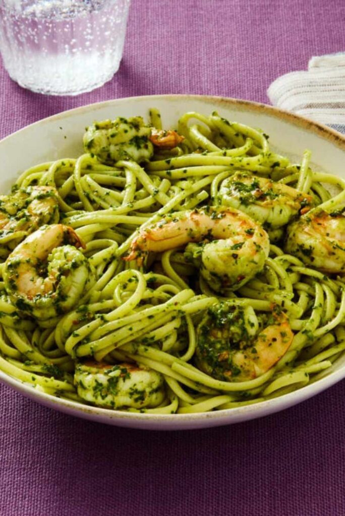 Pasta with Shrimp and Pistachio Pesto-Best Valentine's Day Dinner Ideas