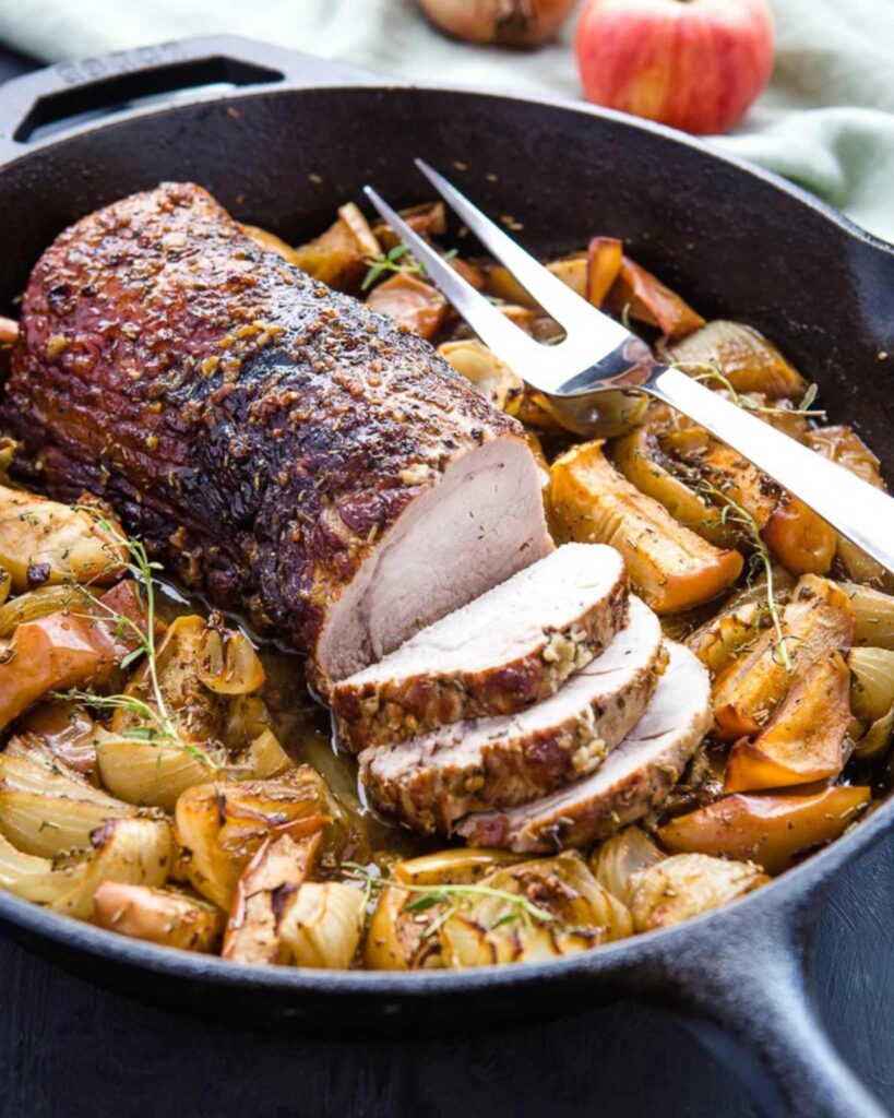 Maple Glazed Pork Loin with Apples and Shallots