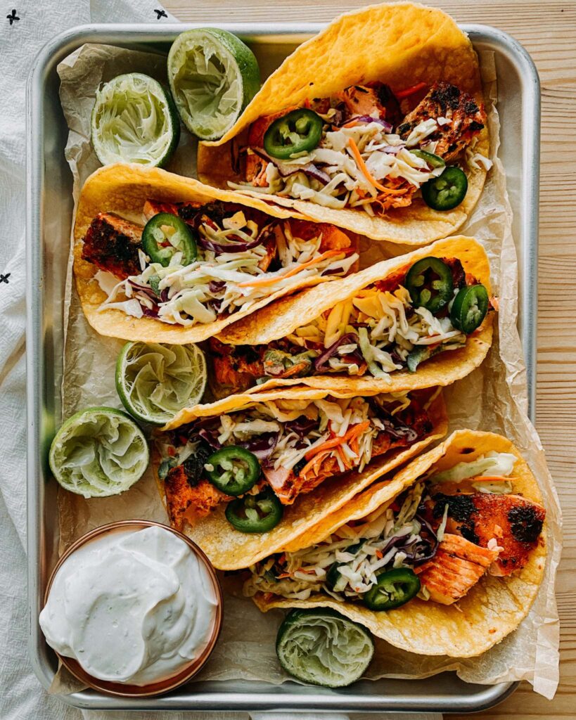 Spicy Salmon Tacos with Lime Slaw