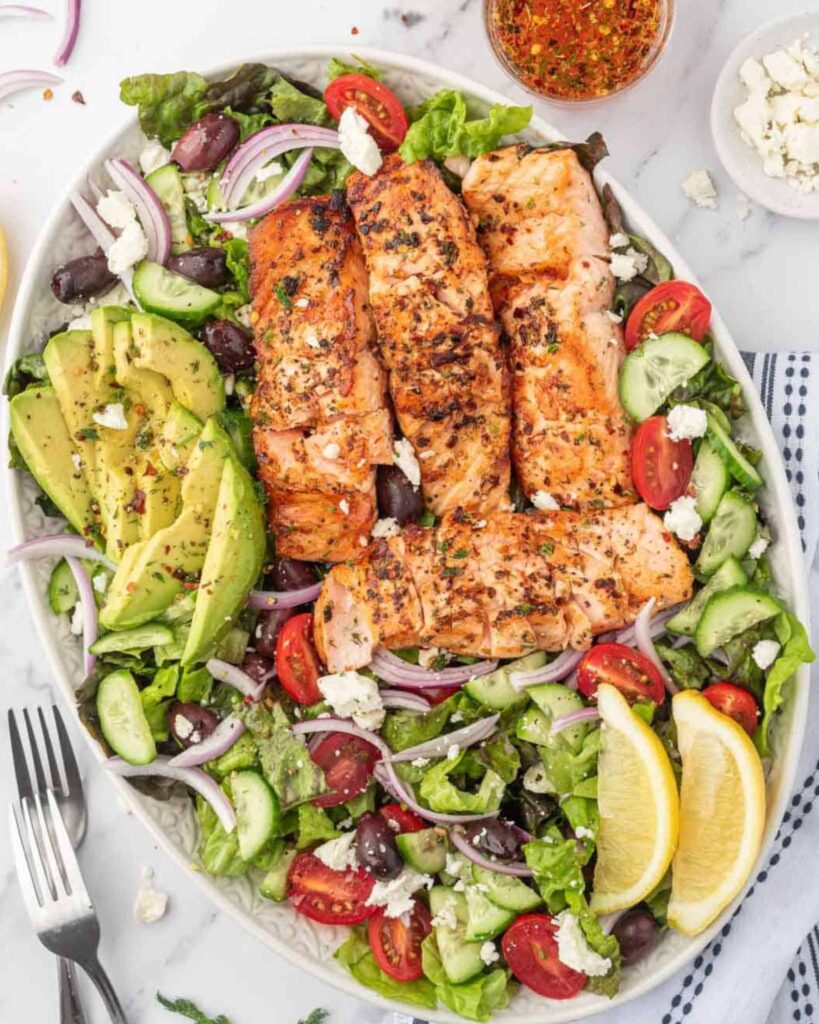 Greek Salad with Grilled Salmon